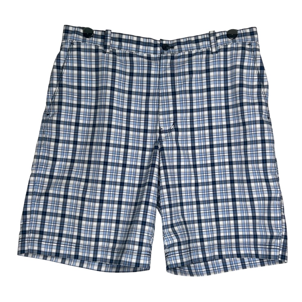 IZOD Luxury Sport Mens Plaid Golf Shorts Blue White Checked Size 36 Flat Front‎